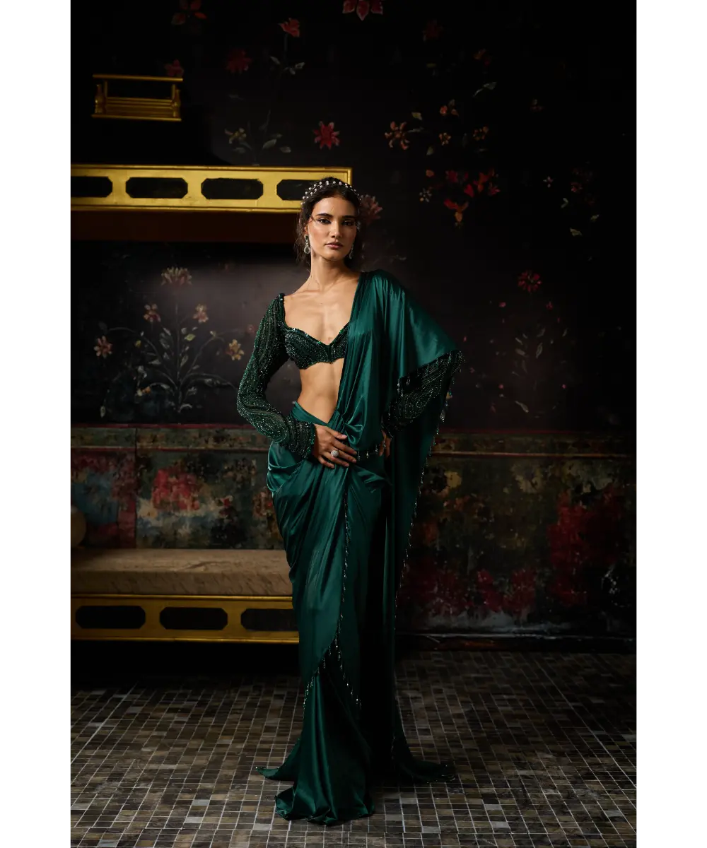 DIYARAJVVIR - EMERALD GREEN EMBELLISHED DHOTI SKIRT SAREE SET